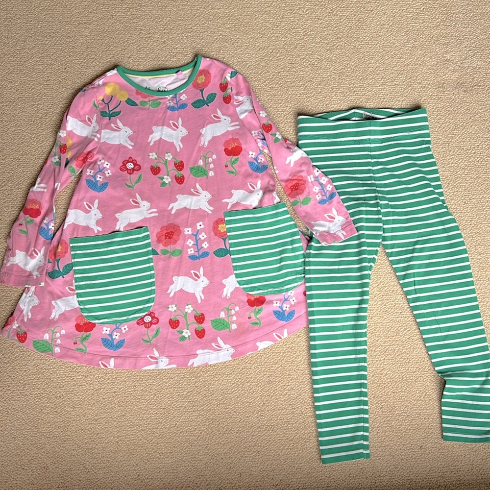 Mini Boden dress and matching leggings. Pink with bunnies, flowers and stripes!